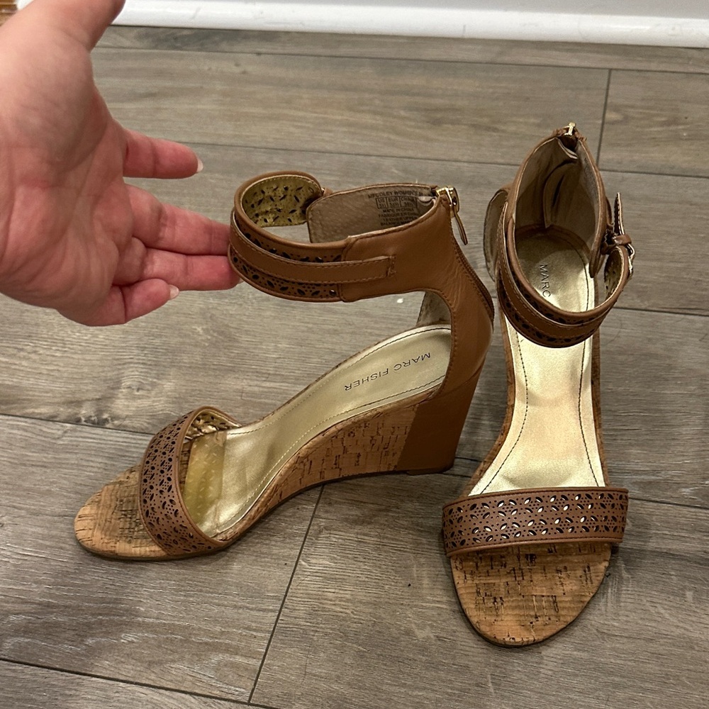 Marc Fisher Brown Cork Wedge Sandals with Laser-Cut Straps